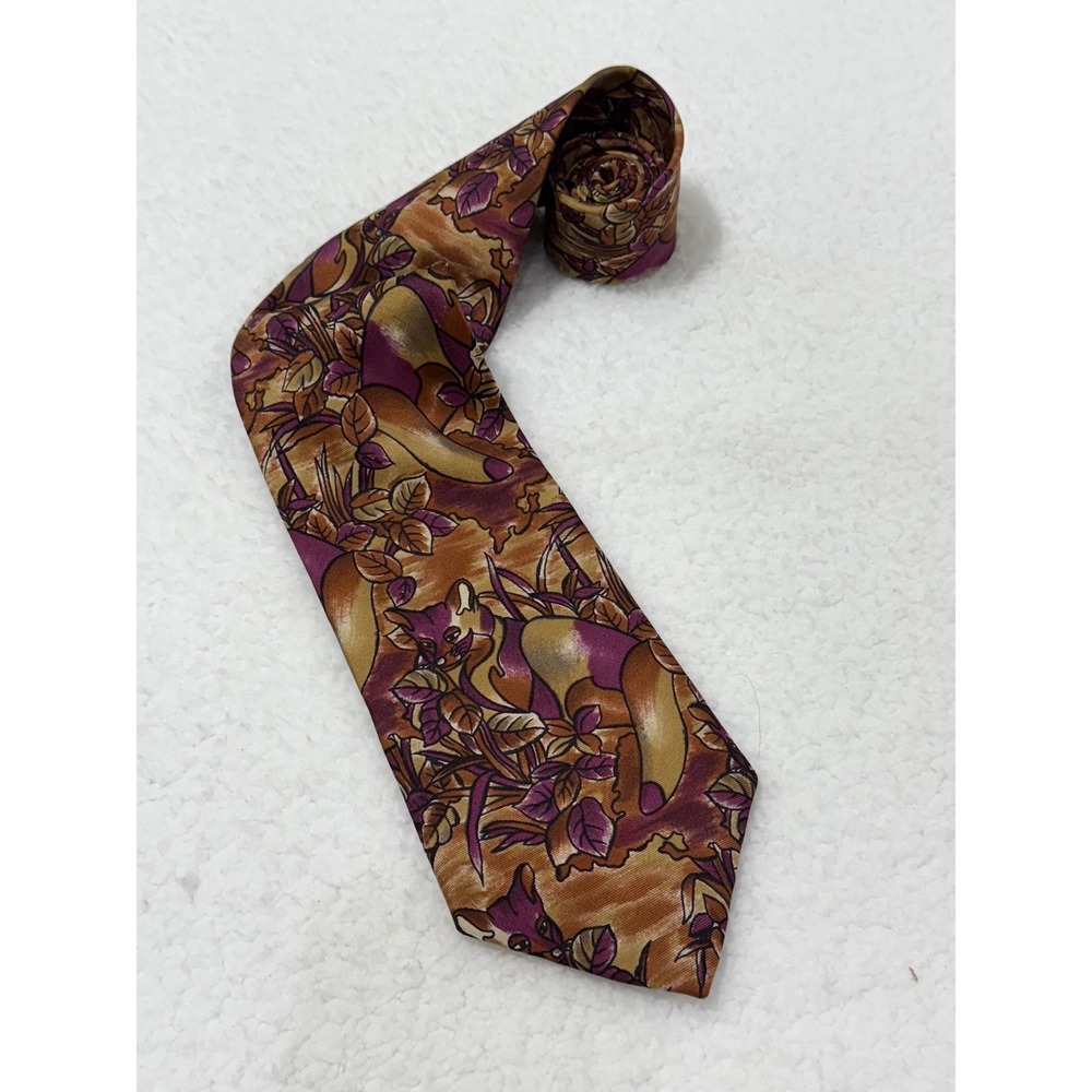 MBC Men's‎ Necktie Silk Italy Made Foxes Patterned Brown Purple Elegant